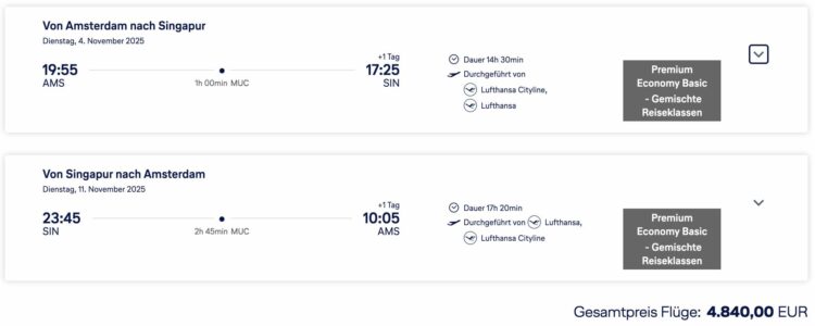 Lufthansa Bestpreissuche Beispielbuchung Amsterdam Singapur Nov 2025