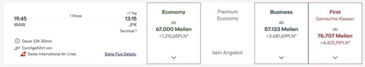 Miles And More Swiss First Class Warschau New York Dezember 2026