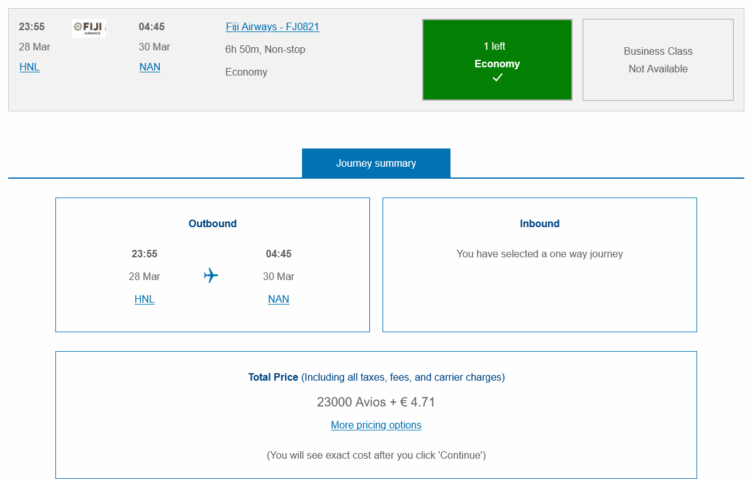 British Airways Club Praemienflug Fiji Airways Economy Class Honolulu Nadi
