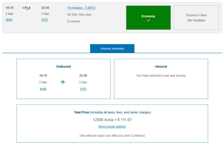British Airways Club Praemienflug Fiji Airways Economy Class Nadi Sydney