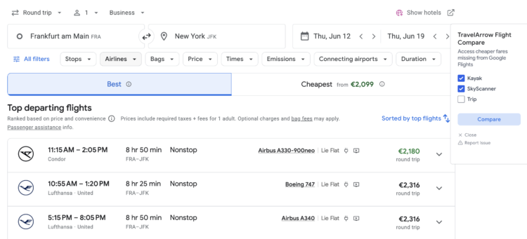 Travelarrow Google Flights Ergebnisliste