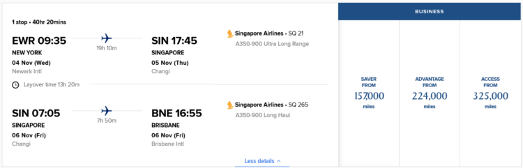 Krisflyer Praemienflug Singapore Business Class Newark Singapur Brisbane