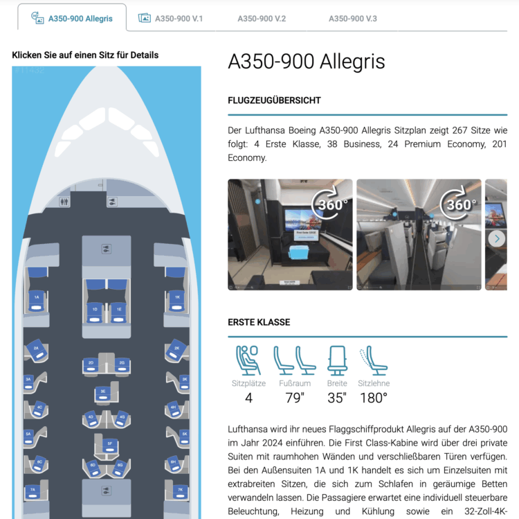 Sitzplan Übersicht Lufthansa Allegris A350-900