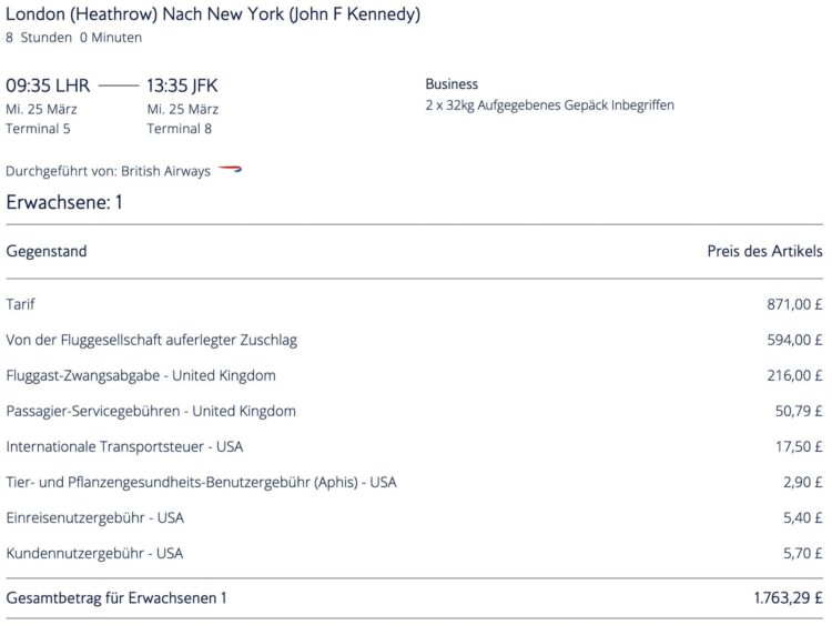 British Airways Club Ba London New York Business Class Beispielbuchung Maerz 2026