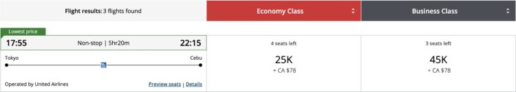 Aeroplan Praemienflug United Airlines Business Class Tokio Narita Cebu