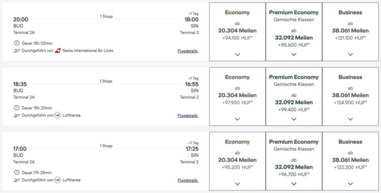 Miles And More Praemienbuchung Lufthansa Swiss Business Class Budapest Singapur Dezember 2025