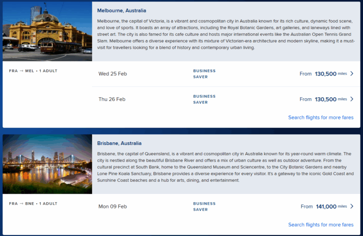 Singapore Airlines Krisflyer Flight Recommender Ergebnisse Frankfurt Australien