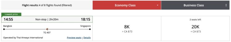 Air Canada Aeroplan Praemienflug Thai Airways Business Class Bangkok Singapur