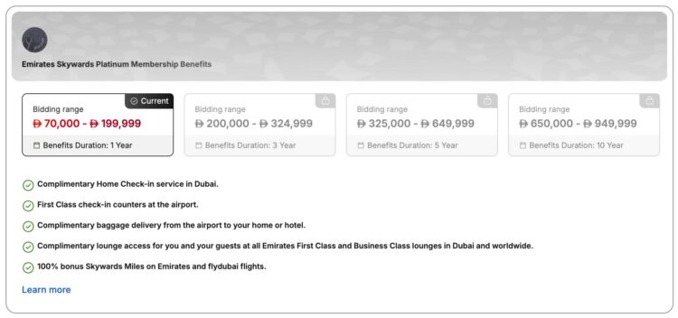 Emirates Platinum Status Auktion Emirates Auction Mitgliedsnummer