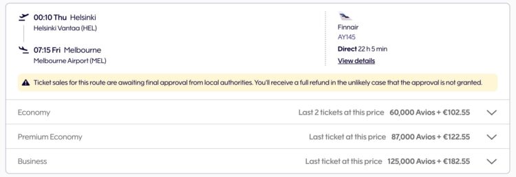 Finnair Plus Praemienbuchung Finnair Business Class Helsinki Bangkok Melbourne Oktober 2026