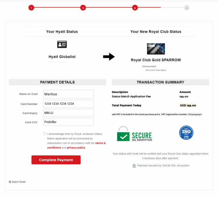 Royal Club Status Match Hotelstatus Zahlung