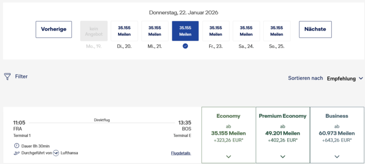 Miles And More Praemienflug Lufthansa Business Class Frankfurt Boston Januar 2026