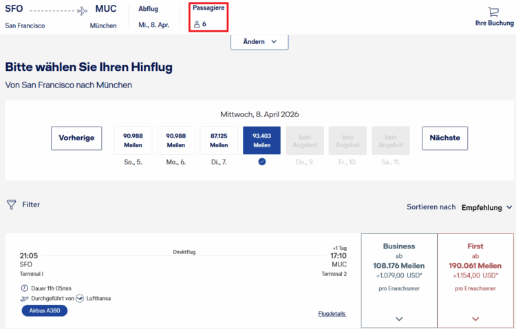 Miles And More Praemienflug Lufthansa First Class San Francisco Muenchen 6 Personen