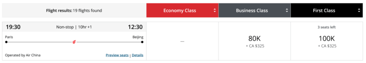 Aeroplan Praemienflug Air China First Class Paris Peking