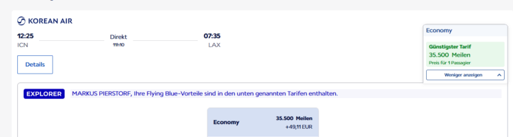 Air France Praemienflug Korean Air Boeing 747 Economy Class Seoul Los Angeles