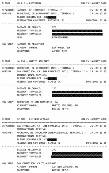 Avianca Lifemiles Praemienflug Hamburg Frankfurt San Francisco Auckland Business Class
