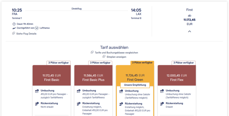Lufthansa First Class Frankfurt Los Angeles Preise Tarife