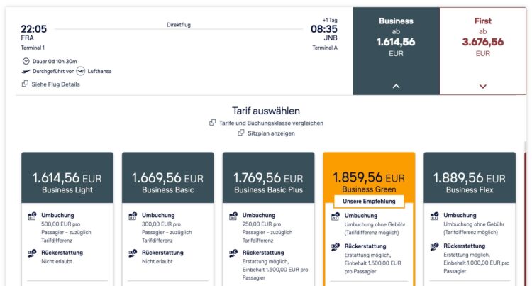 Buchung Lufthansa Business Class Frankfurt Johannesburg Vergleich Flex Tarif