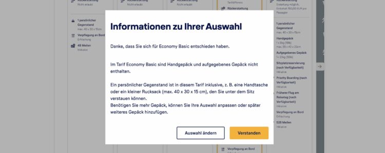 Lufthansa Buchung Economy Basic Tarif Warnhinweis