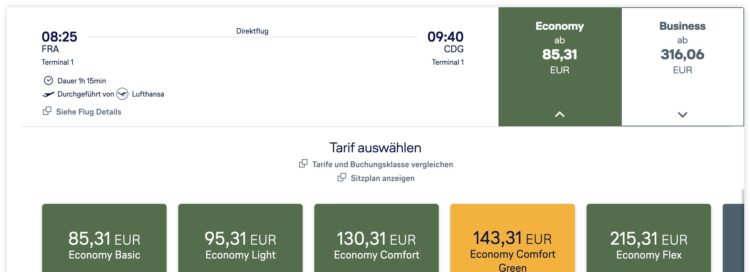 Lufthansa Economy Class Frankfurt Paris Tarife Juni 2026