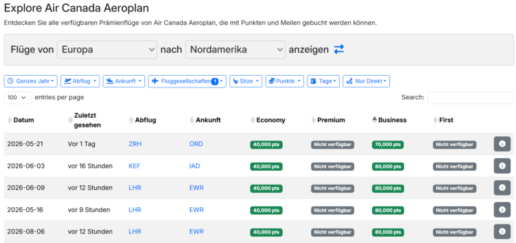 Seats Aero Explore Air Canada Aeroplan Europa Nordamerika United Airlines