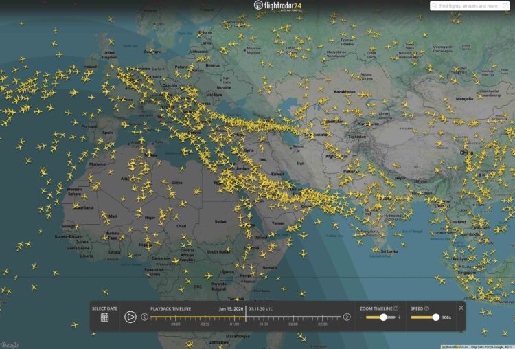 Flugverkehr Europa Naher Osten Asien 15 Juni 2026 Flightradar24 Copyright