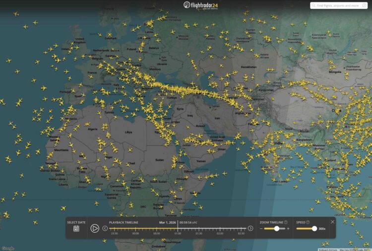 Flugverkehr Europa Naher Osten Asien Nahost Krise 01 Maerz 2026 Flightradar24 Copyright