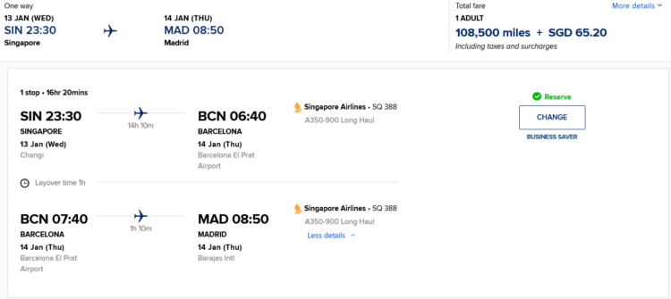 KrisFlyer Prämienflug Singapore Airlines Business Class Singapur Barcelona Madrid