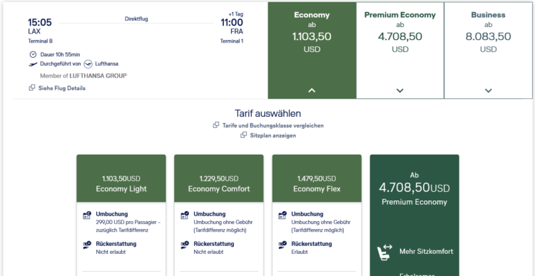 Lufthansa Preis Economy Class Los Angeles Frankfurt