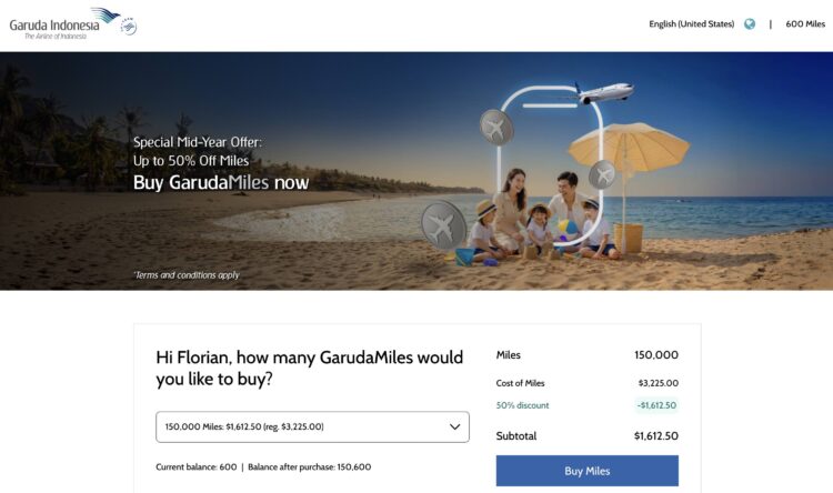 Garuda Indonesia Garudamiles Meilen Kaufen Points.com Juli 2026