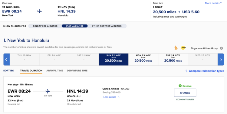 Krisflyer Praemienflug United Economy Class New York Honolulu Juli 2026