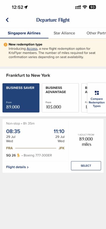Singapore Airlines Krisflyer App Praemienflugsuche Beispiel 3