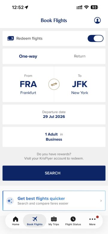 Singapore Airlines Krisflyer App Praemienflugsuche Beispiel