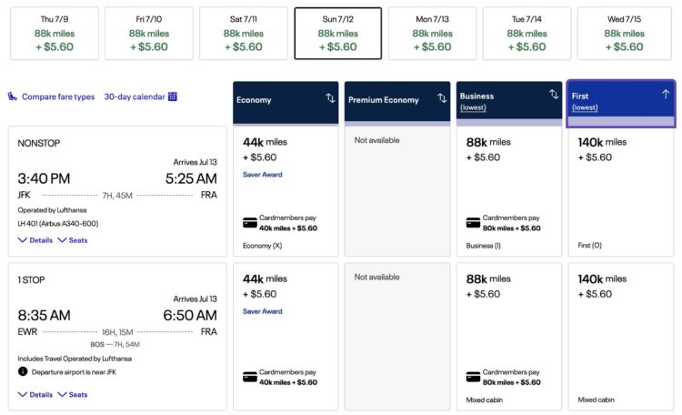 United Mileageplus Praemienflug Lufthansa First Class New York Frankfurt Juli 2026