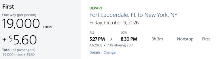 American Airlines Aadvantage Praemienflug Fort Lauderdale New York Oktober 2026