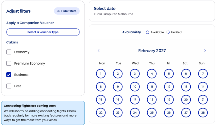 Avios Verfuegbarkeiten British Airways Business Class Kuala Lumpur Melbourne Februar 2027