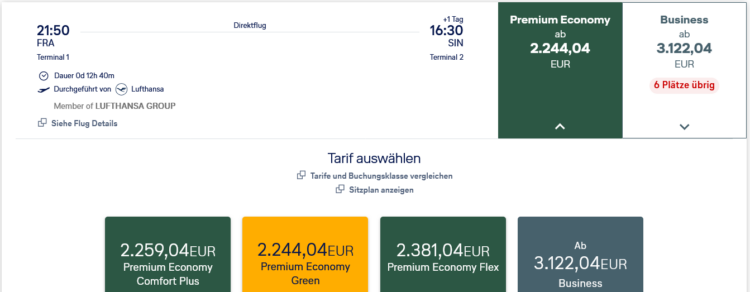 Flug Lufthansa Premium Economy Class Frankfurt Singapur