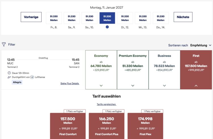 Miles And More Praemienflug Lufthansa Allegris First Class Muenchen San Diego Januar 2027