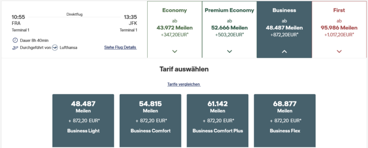 Miles And More Praemienflug Lufthansa Business Class Frankfurt New York