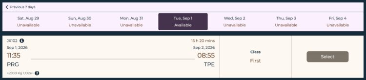 Starlux Cosmile First Class Prag Taipeh September 2026