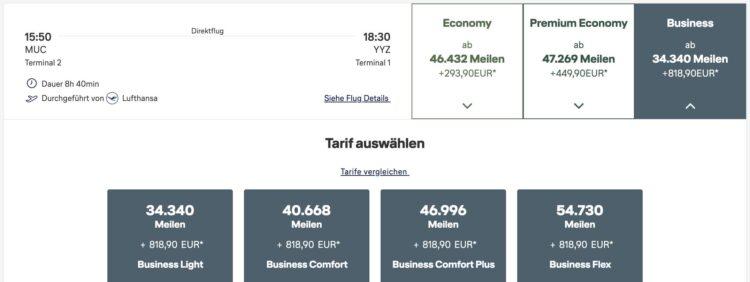 Miles And More Praemienflug Lufthansa Business Class Muenchen Toronto 08.04.2027