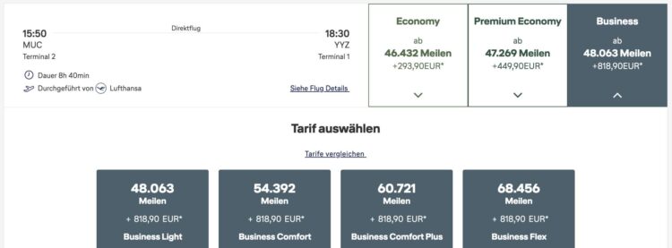 Miles And More Praemienflug Lufthansa Business Class Muenchen Toronto 09.04.2027