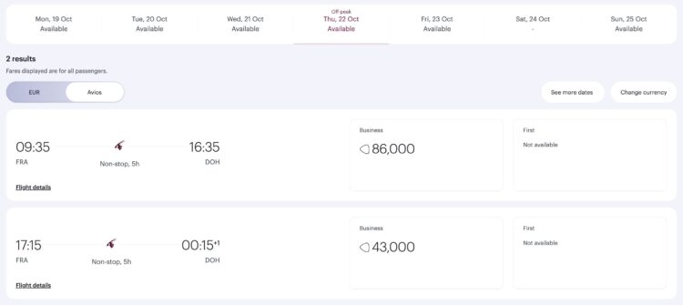 Qatar Airways Privilege Club Award Flight Finder Business Class Frankfurt Doha Oktober 2026