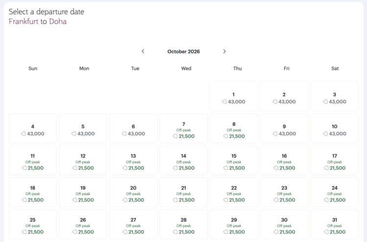 Qatar Airways Privilege Club Award Flight Finder Kalenderansicht Economy Class Frankfurt Doha Oktober 2026