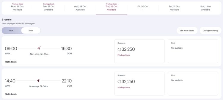 Qatar Airways Privilege Deals Business Class Warschau Doha Oktober 2026