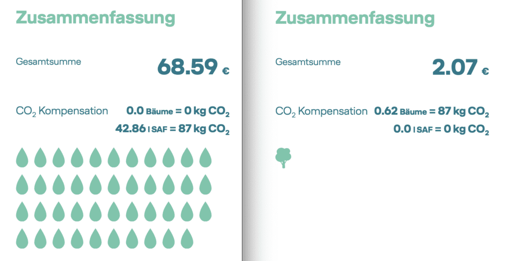 Vergleich CO2-Kompensation über synthetischen Kraftstoff vs. Aufforstung © Lufthansa