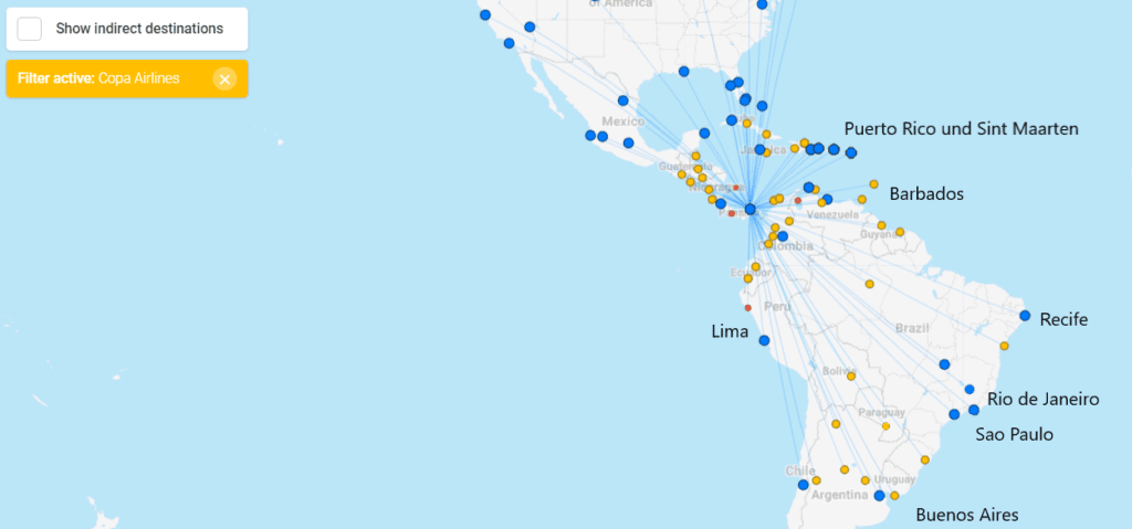 Copa-Streckennetz mit Fokus Verbindung zwischen Nord- und Südamerika © flightconnections.com
