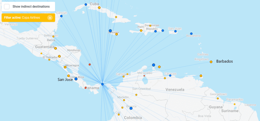 Copa-Streckennetz mit Fokus Verbindung auf die Karibik © flightconnections.com