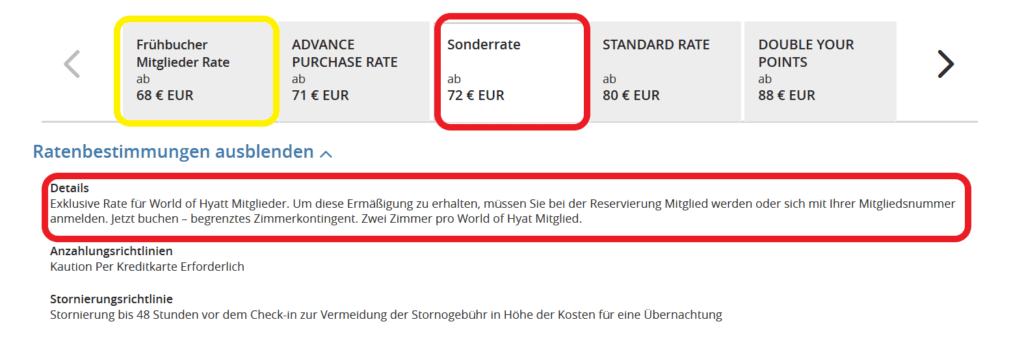 Hyatt Mitglieder Rate bei der Buchung