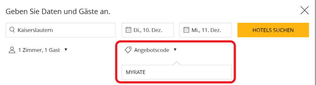 Suchmaske mit Ratecode für die Hyatt Mitglieder Rate 